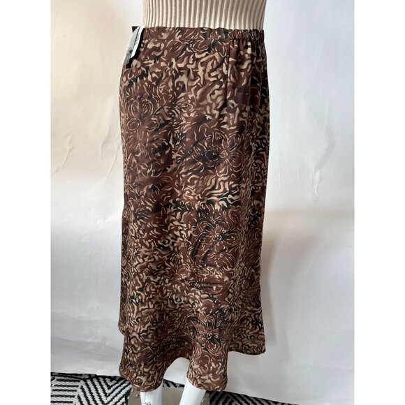 Sag Harbor Brown Floral Midi Skirt With Flared Hem S Polyester Elastic Waist - Picture 11 of 16